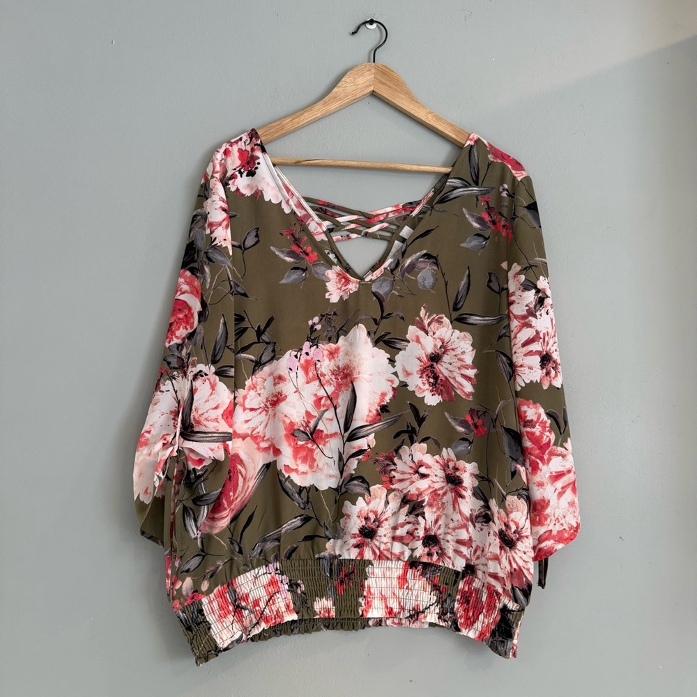 New York & Company Floral Blouse - Olive and Pink